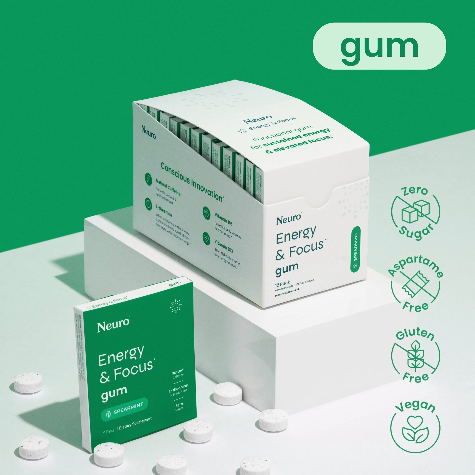 Neuro® Gum Energy & Focus™ 12 Pack (108 pcs) - Spearmint